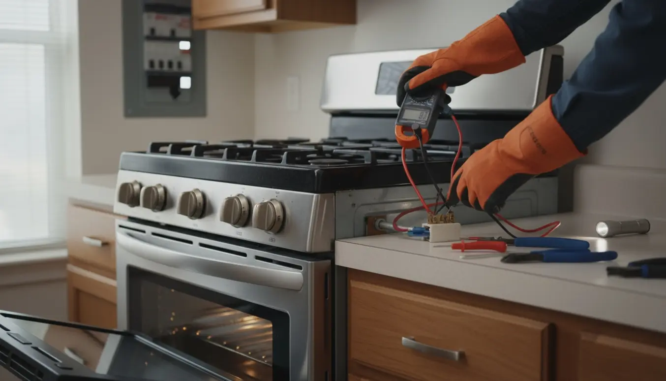 Tekniker tester ovnens elektriske tilslutning med multimeter og åben sikringsboks i et lejlighedskøkken.