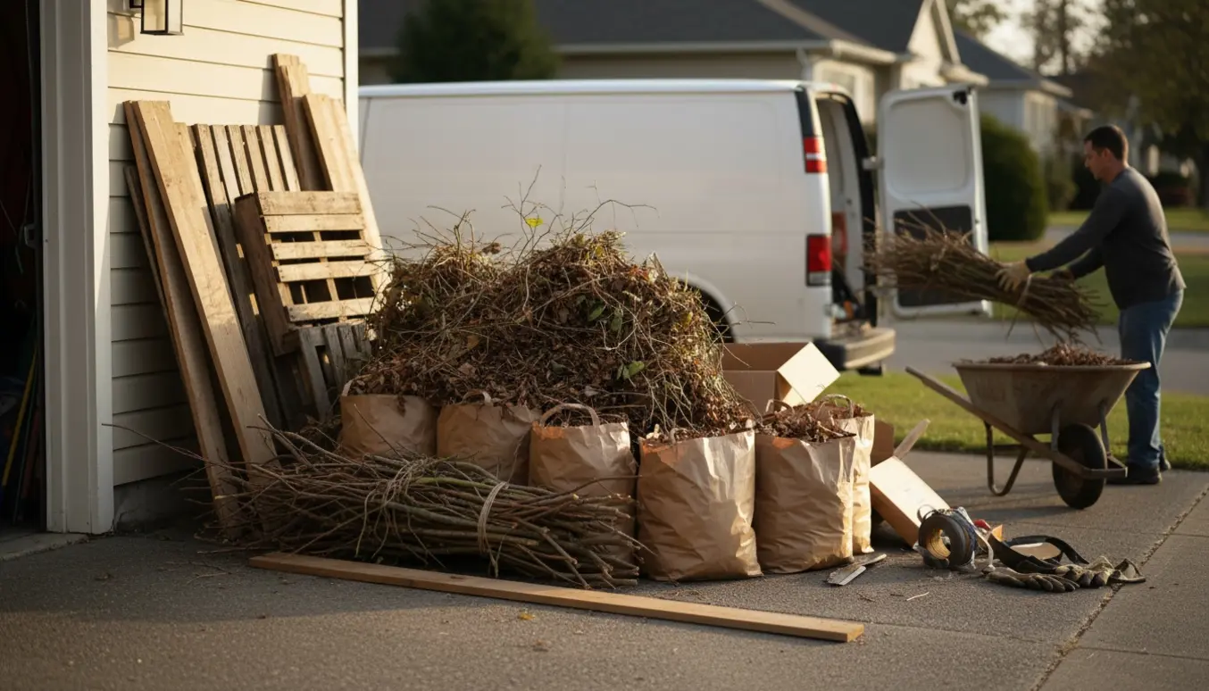 Stak med haveaffald og bulkaffald på indkørslen klar til afhentning med arbejdshænder i handsker ved en åben varevogn i baggrunden.