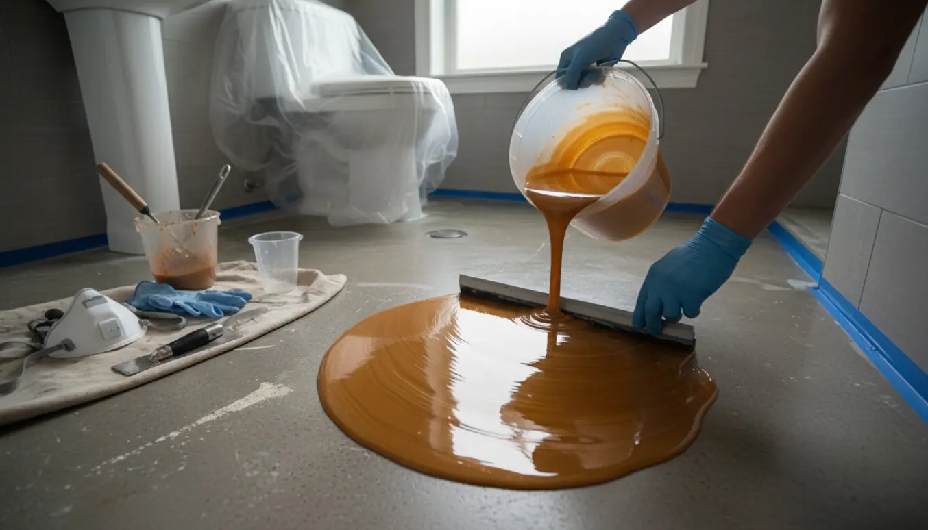 Nærbillede af epoxy, der rulles ud på et forberedt badeværelses betongulv med afdækning og værktøj.