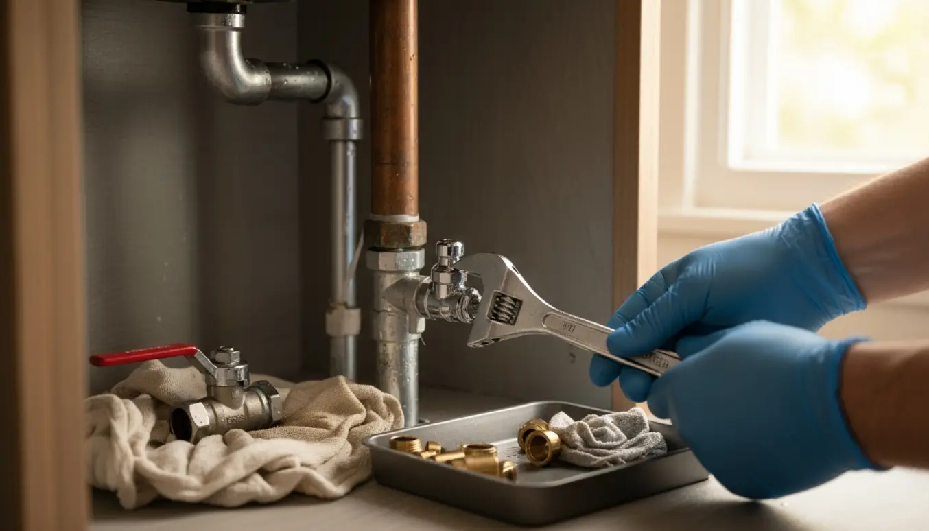 Hænder skifter en kompakt ballofix-ventil under køkkenvask med nyt mindre greb ved siden af et lodret rør.