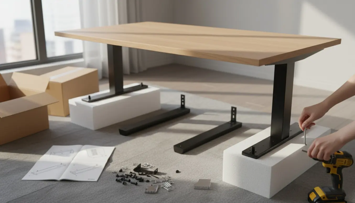 Nærbillede af hænder, værktøj og dele til samling af et elektrisk hæve-sænke skrivebord i et lyst hjemmekontor.