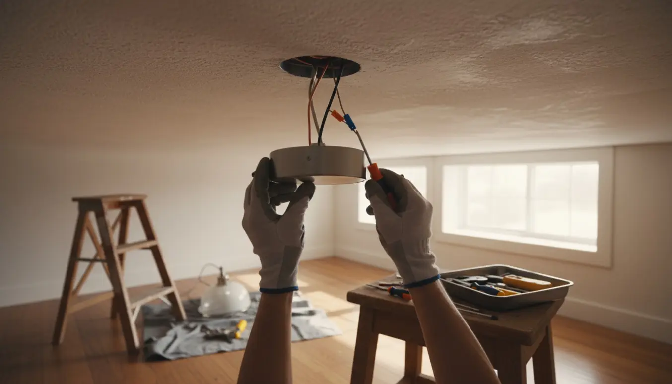 Loftlampe monteres fra en stige med værktøj og en afmonteret lampe i baggrunden.