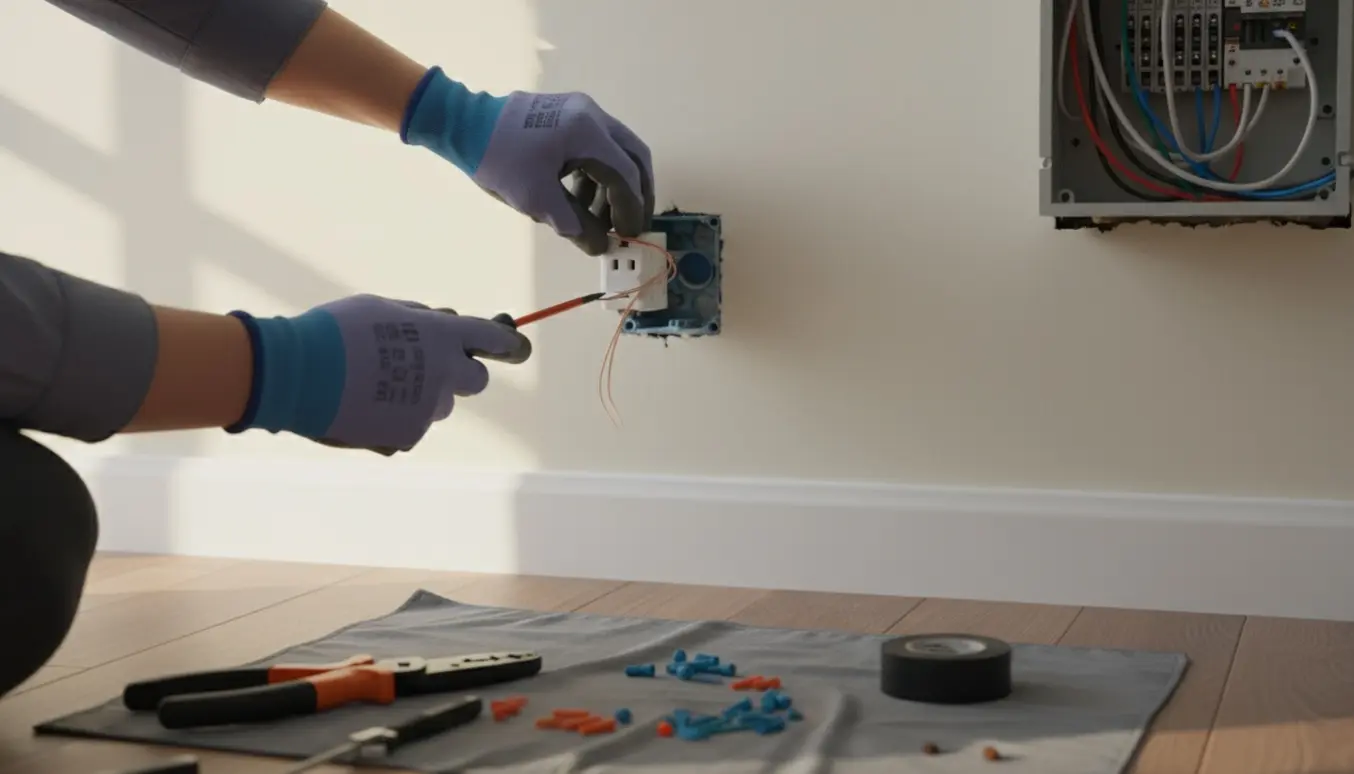 Hænder installerer en ny stikkontakt i en lys gang tæt ved relæet.