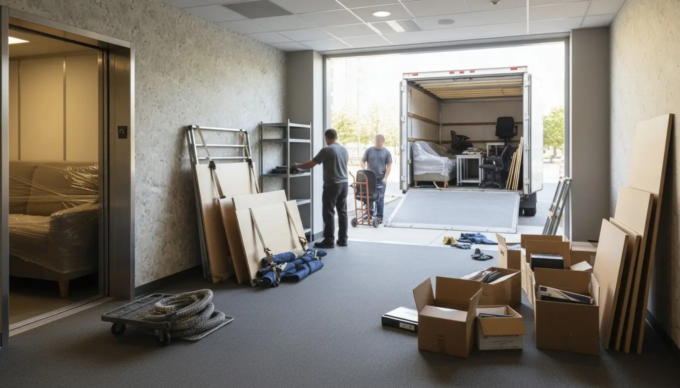 Flyttefolk bærer kontormøbler fra en øverste etage mod en trailer til storskrald, med pakket sofa, stålbord og stablede bordplader.