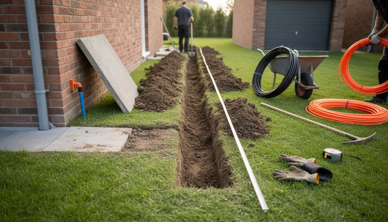 Gravning af en 30–40 cm dyb ca. 9 m rende mellem hus og garage med værktøj, afrevet flise og synlig vandledning.