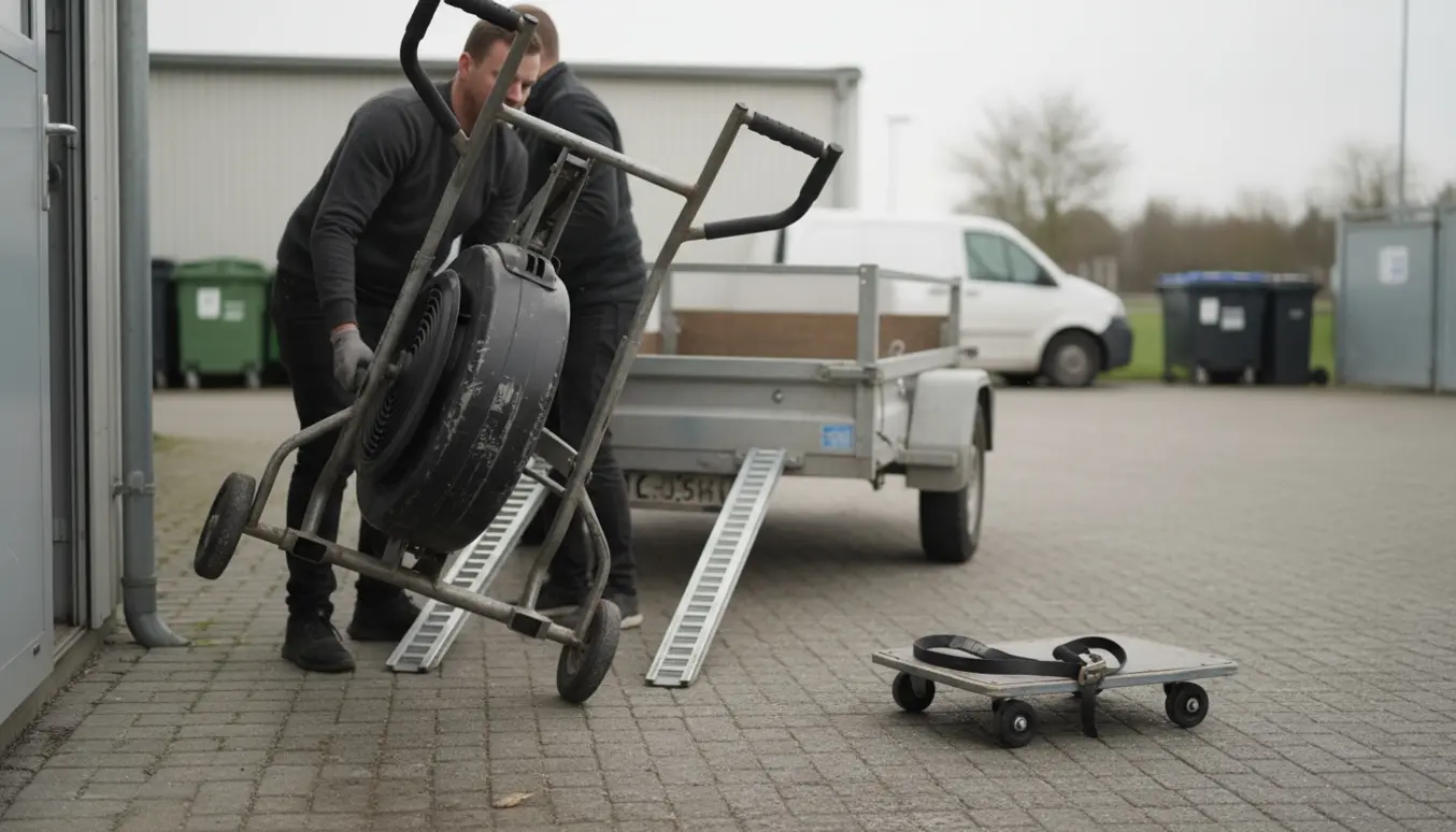To personer læsser en tung cross-fit maskine med små hjul over en dørtrin og op på en trailer ved en flisegang.