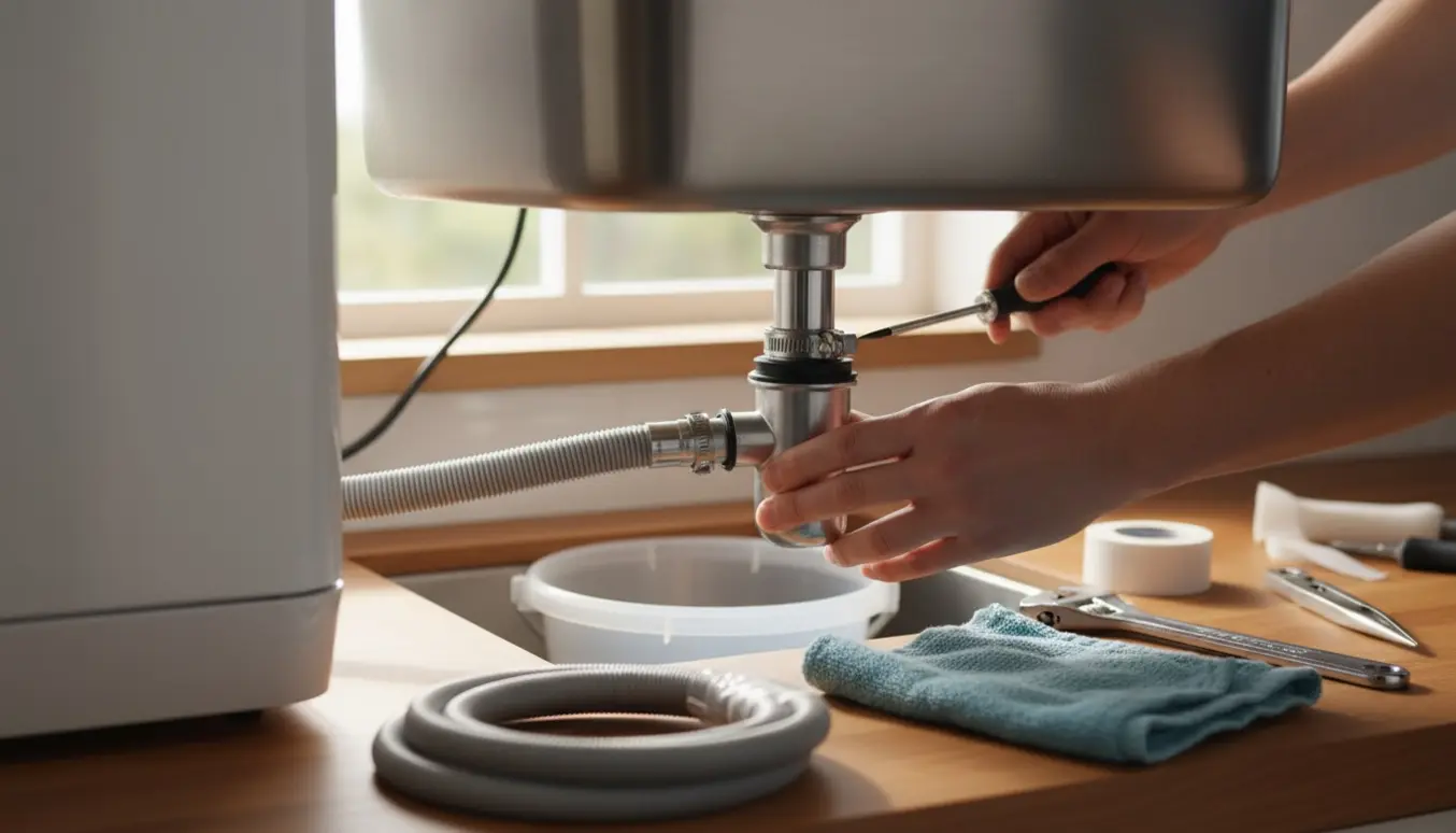 Hænder monterer et nyt afløbsrør til en bordopvaskemaskine ved køkkenvasken.