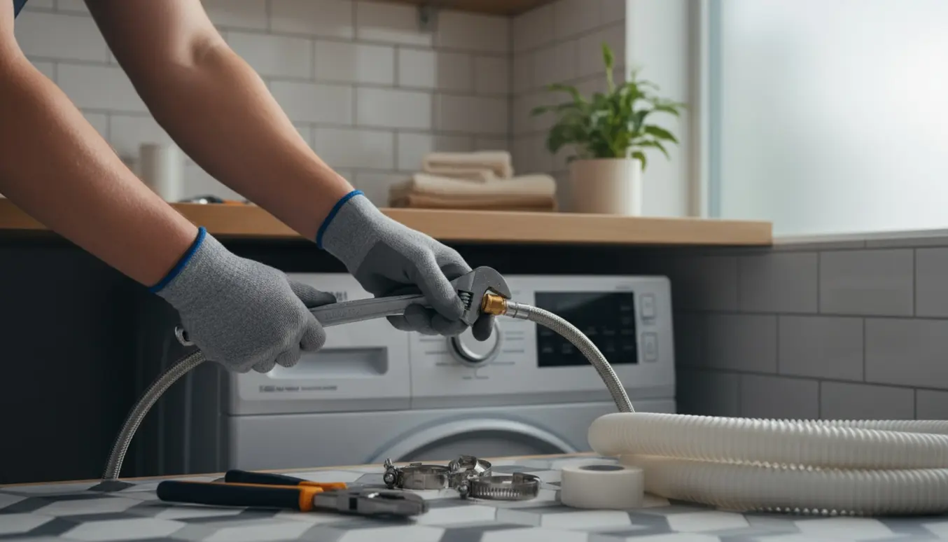 Faglært VVS-montør forbinder vand- og afløbsslanger på en ny vaskemaskine i et lyst bryggers.