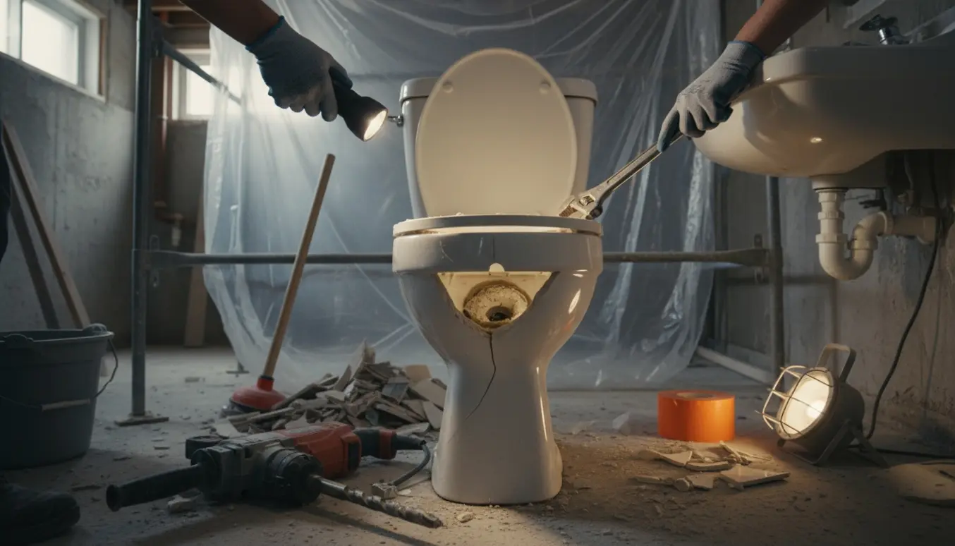 Nærbillede af et beskadiget toilet i kælderen under renovering med værktøj og murstøv omkring.