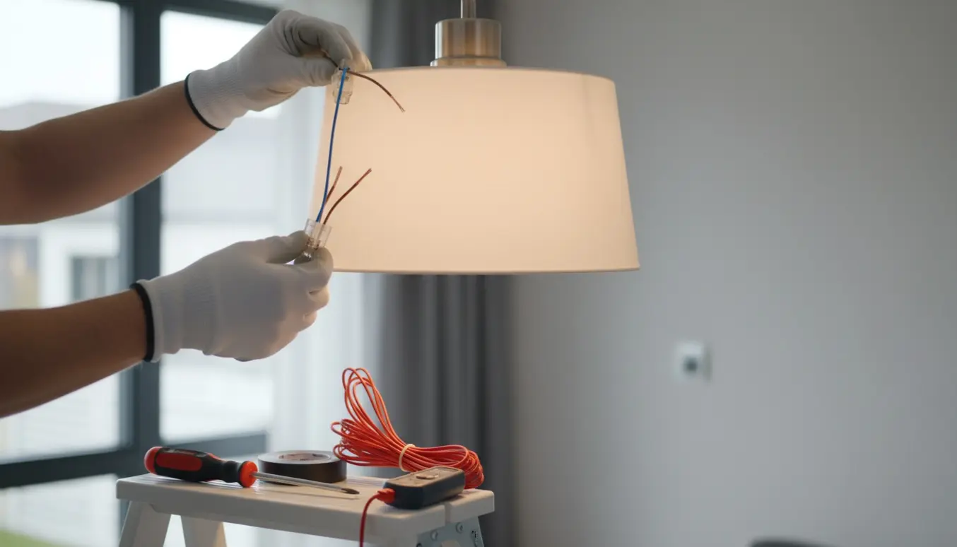 Tæt billede af en opsat loftslampe med åben samledåse og hænder, der forbinder blå og brune ledninger mens værktøj ligger ved siden af.