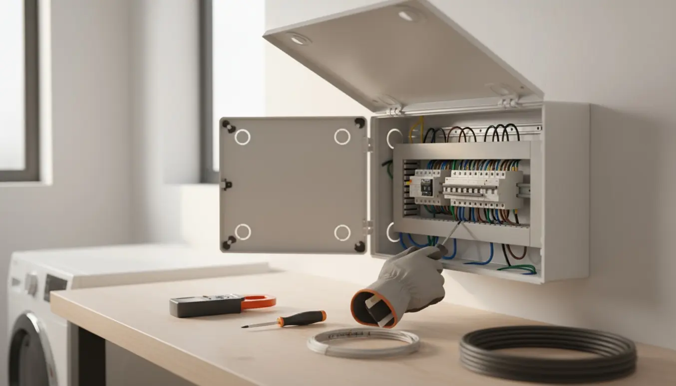 Elektriker i handsker monterer en ny moderne eltavle med ryddige, farvekodede kabler i et lyst teknikrum.