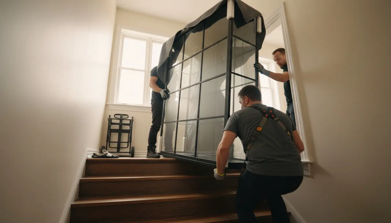 Tunge flyttere løfter et to meter højt glas vitrineskab op ad en indvendig trappe, beskyttet med tæpper og hjørnebeskyttere.