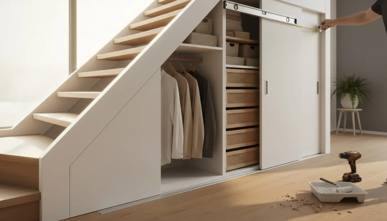 Hvidt specialbygget skab under en trappe med skydedøre, tøj på bøjler i den høje ende og hylder/skuffer i den lave ende.