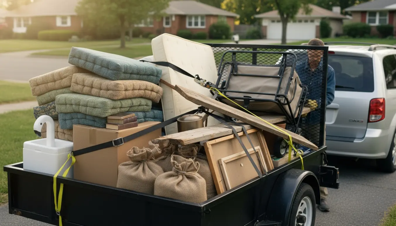 Åben trailer på indkørsel lastet med rester fra dødsbo — havehynder, topmadras, kasse med bøger, flamingokasse, indkøbsvogn og jordposer.