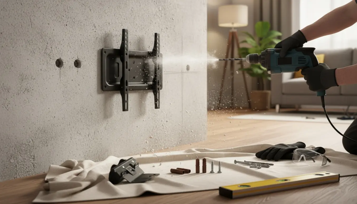 Handske‑klædte hænder borer fire ø10-huller i en betonvæg i en lys stue med TV-beslag og værktøj.