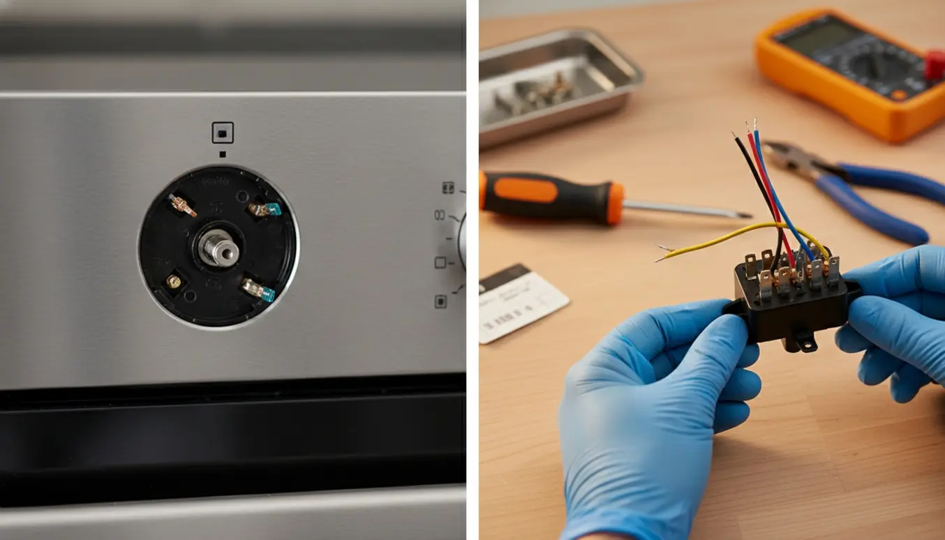 For- og bagside af en ovnomskifter på et arbejdsbord med værktøj klar til udskiftning.