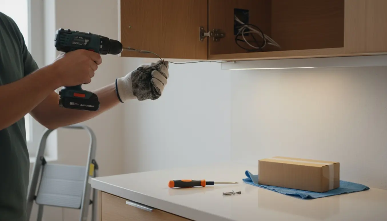 Hænder monterer en ny under-skabslampe under et køkkenskab med værktøj på bordet.