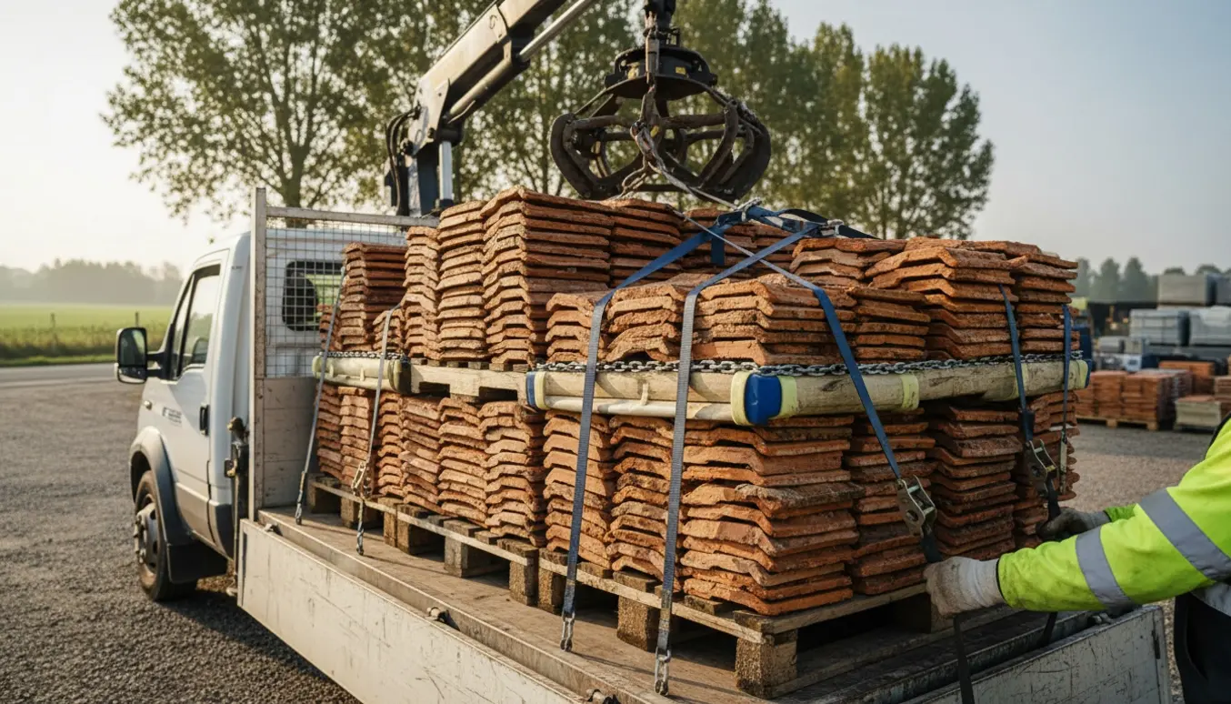 Varebil med tre paller tagsten lastet og en grab, klar til transport.