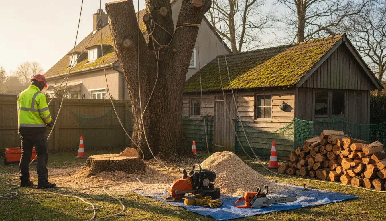Professionel træfældning tæt på hus og værksted med rodfræser, stak brænde og sikkerhedsudstyr.