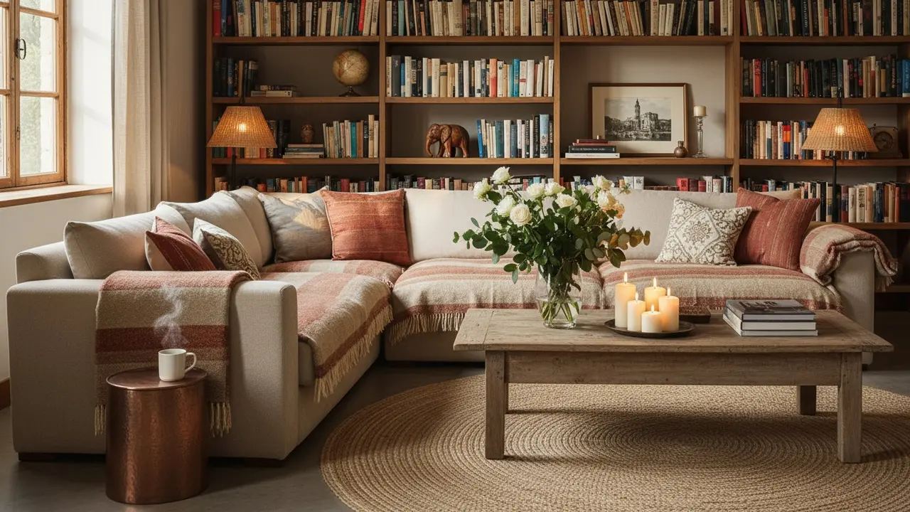 Hyggelig, personlig stue med tæpper, puder og varmt lys