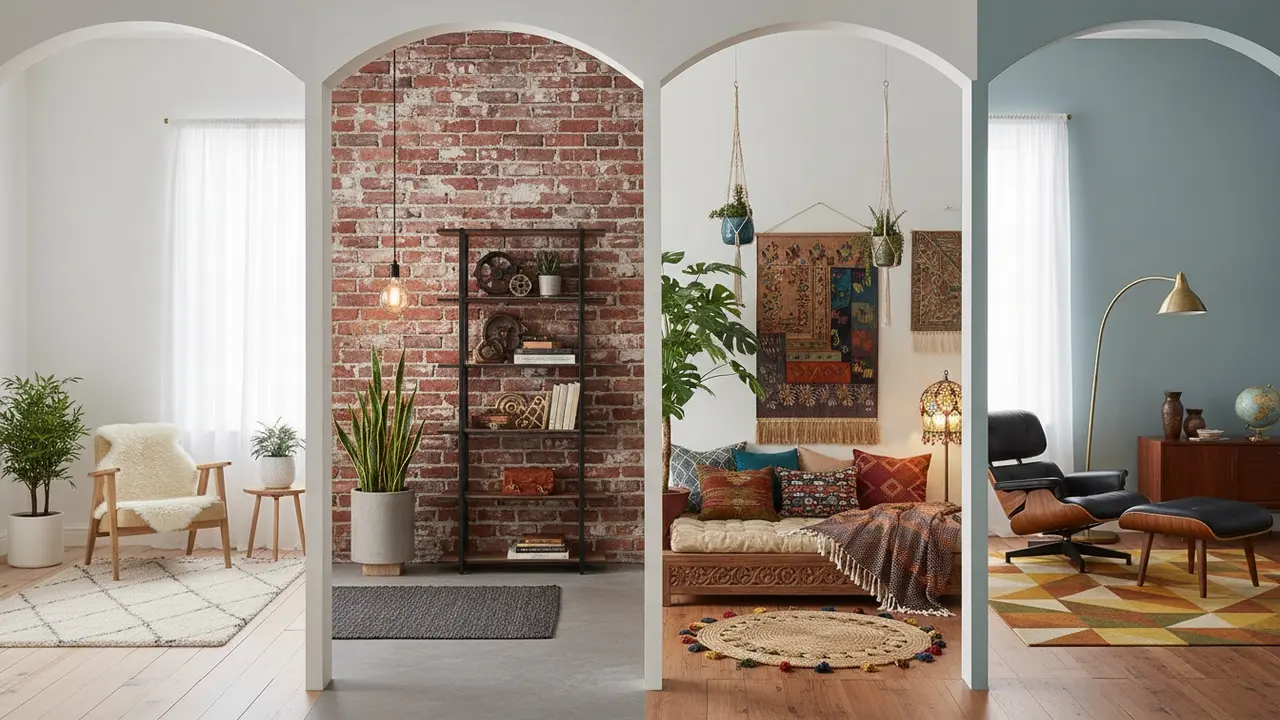 Fire interiørvignetter der viser skandinavisk, industriel, boheme og mid‑century stil