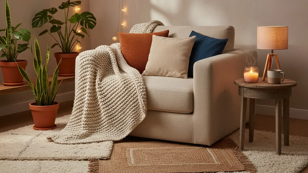 Hyggeligt læsehjørne med blød belysning, tæppe og stearinlys