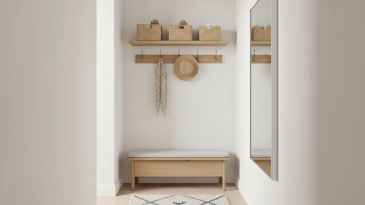 Smalt indbydende forrum med bænk, knager og spejl for god opbevaring