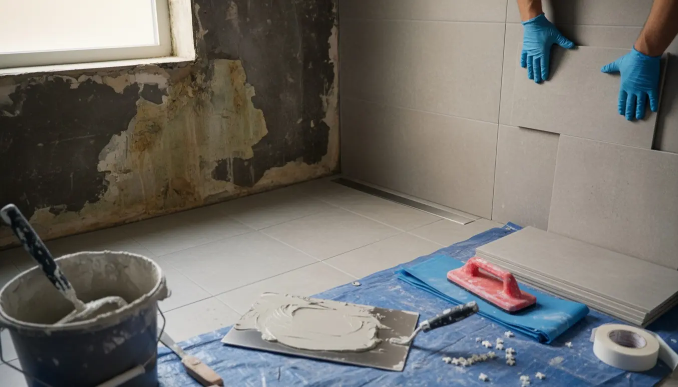 Lægning af grå fliser i et lille brusehjørne med værktøj og lineært afløb synligt.