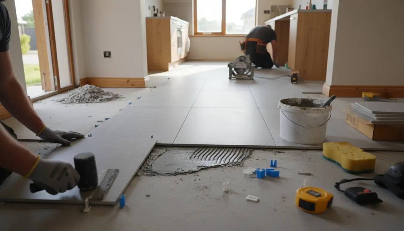 Delvist flisebelagt entré og køkken under renovering, hvor hænder lægger nye fliser med værktøj og materialer spredt omkring.