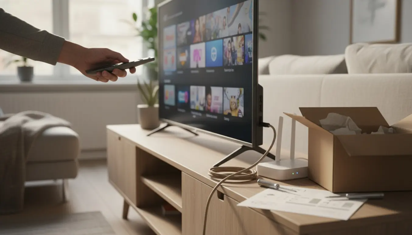 Hænder forbinder HDMI og styrer et brugt Smart TV i en lys, skandinavisk stue.