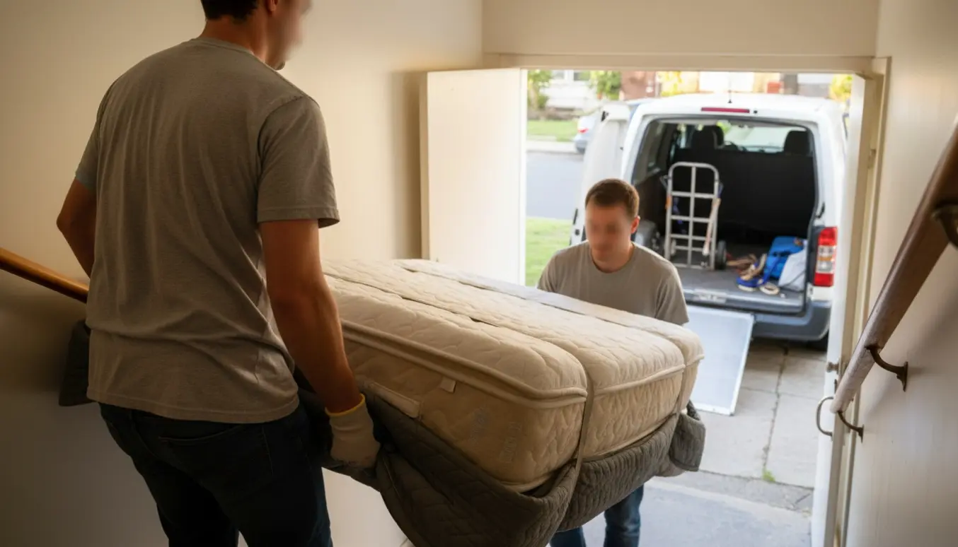 To personer bærer en stor springmadras med topmadras ned ad en trappe, klar til at blive læsset i en varevogn.