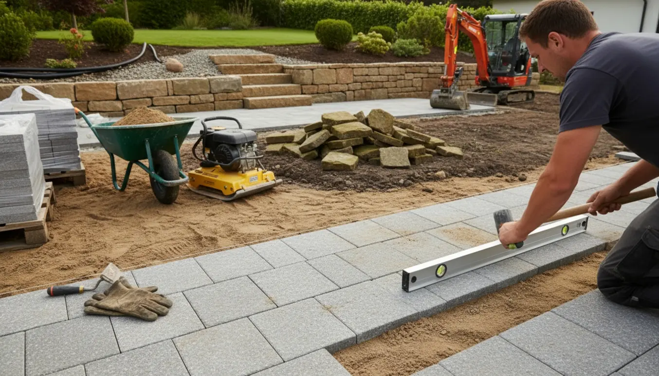 Håndværker lægger nye belægningssten mens en ny stenmuret støttemur er under opbygning i haven.