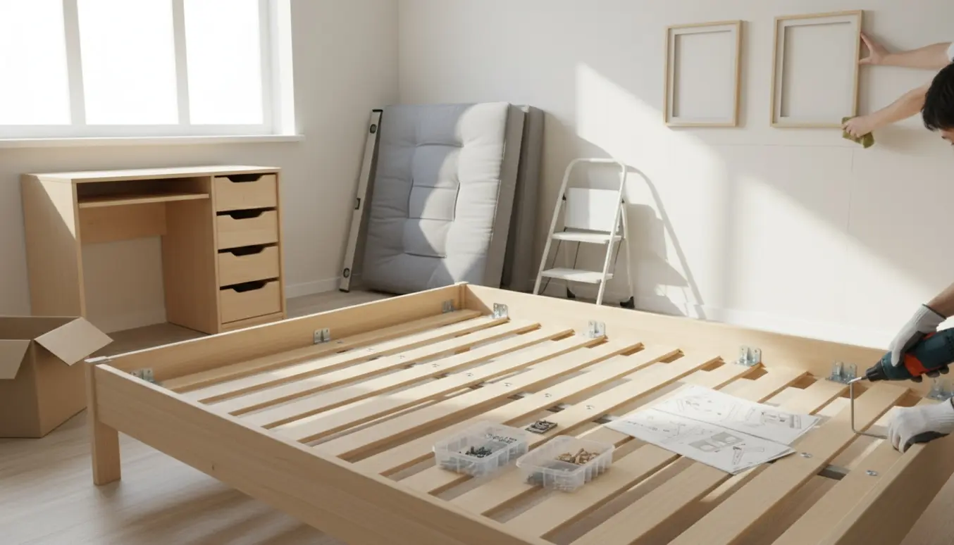 Delvist samlet seng, skrivebord og gæsteseng i en lys stue, med værktøj og opsatte billedrammer på væggen.