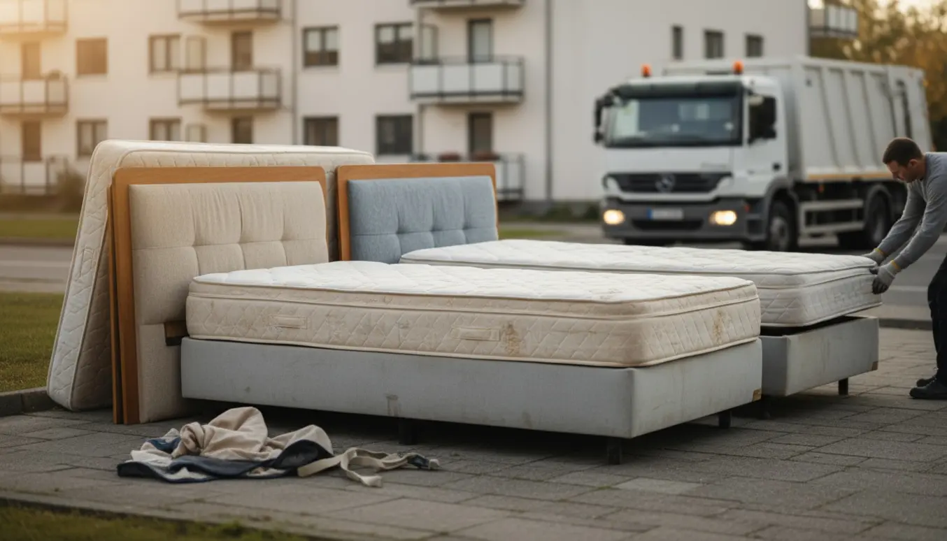 To sengemoduler, madrasser, topmadras og en sengegavl stillet ved fortovet til storskrald.