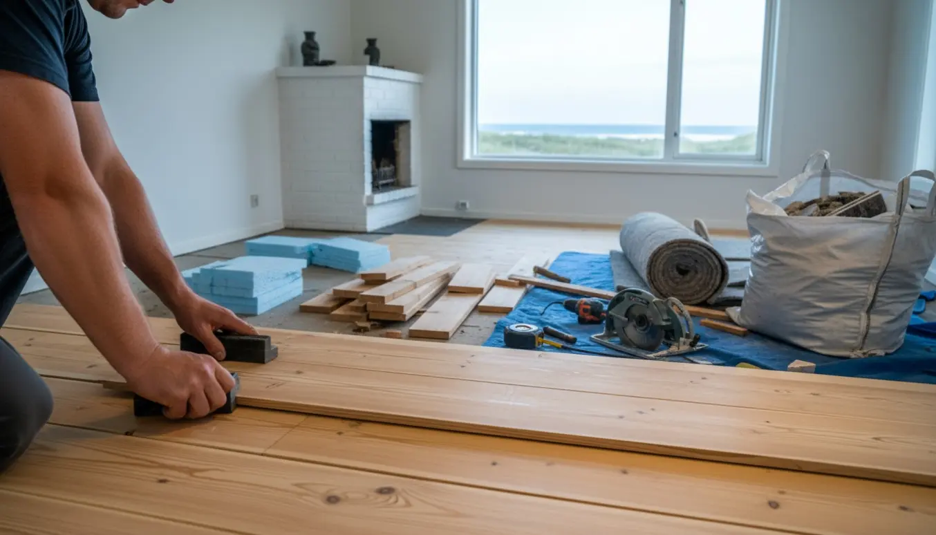 Håndværker fra bagsiden lægger nyt 22 mm fyrplankegulv i en sommerhusstue med fjernet tæppe.