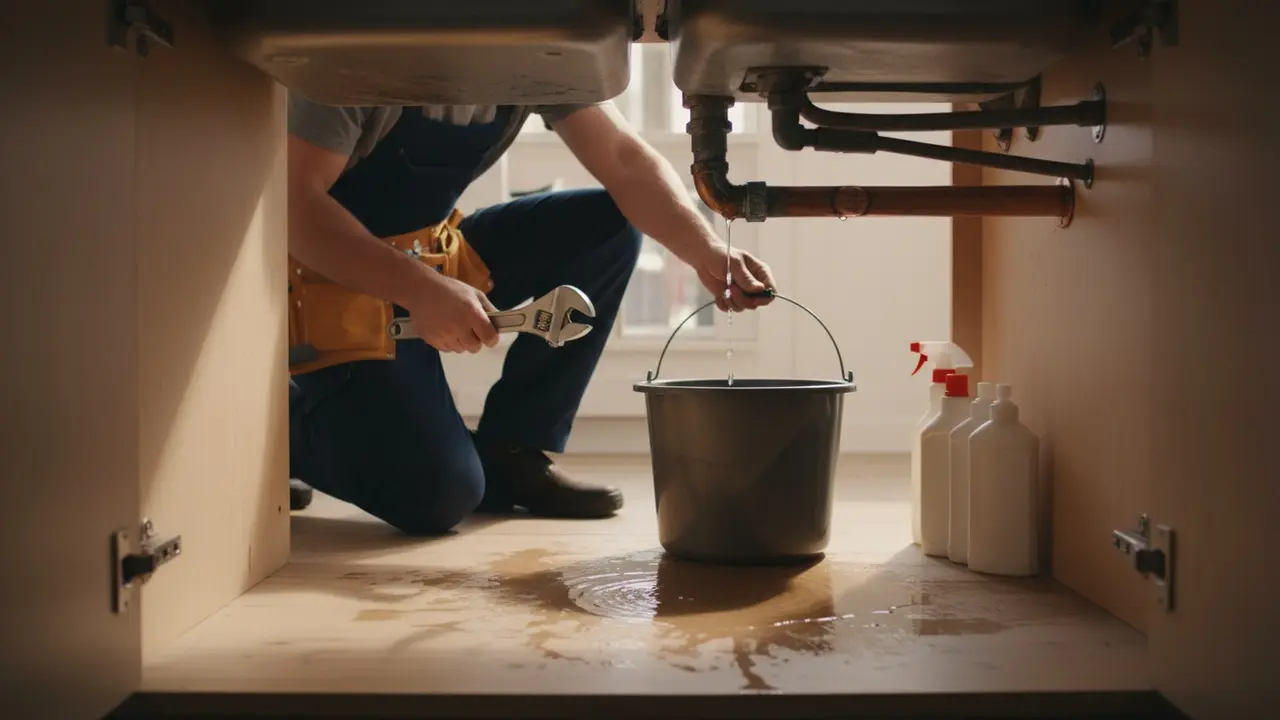 VVS’er reparerer utæt rør under vask med værktøj og spand