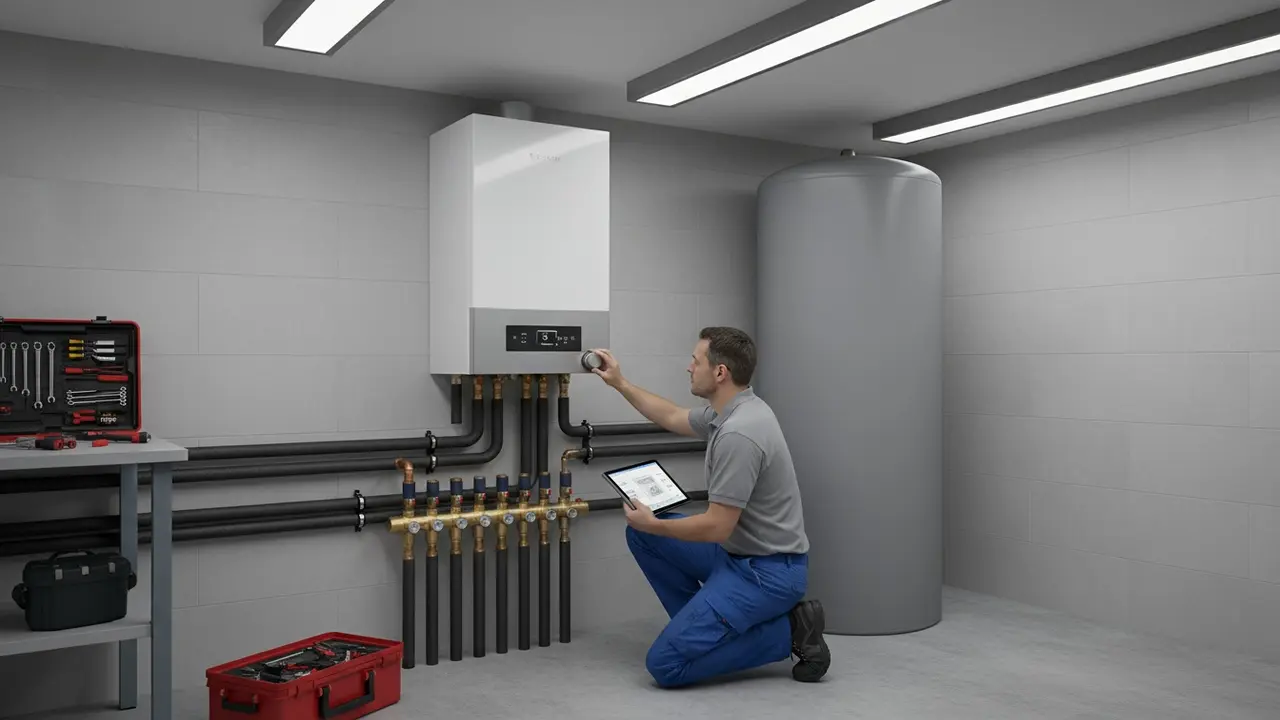 Tekniker inspicerer moderne kedel og varmesystem i husets teknikrum