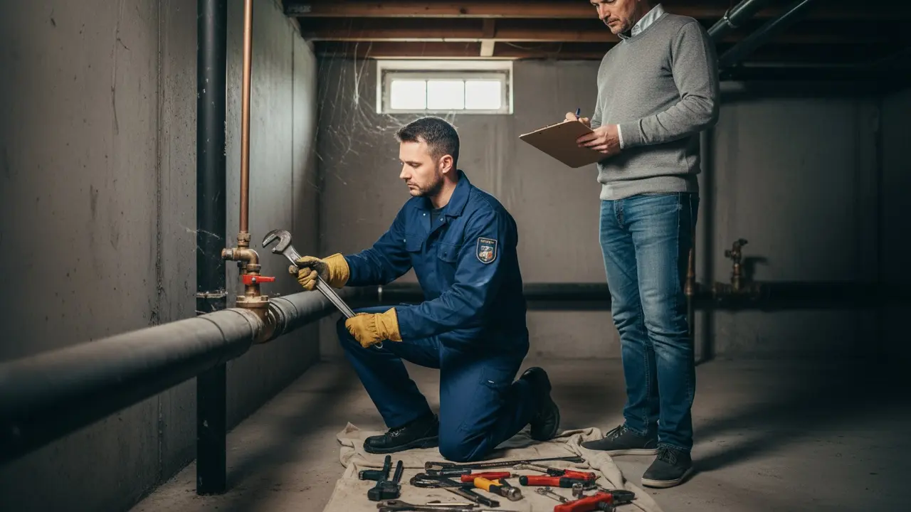 Autoriseret VVS-installatør arbejder på hovedvandledning mens husejer lytter