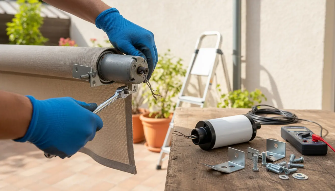 Nærbillede af hænder, der udskifter en tubular markisemotor på en solrig terrasse.