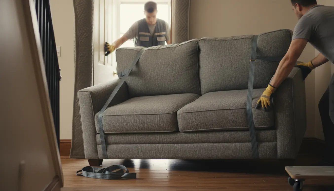 To flyttemænd manøvrerer en stor sofa ind gennem en smal lejlighedsdør med beskyttelsesfilt og flyttestropper.
