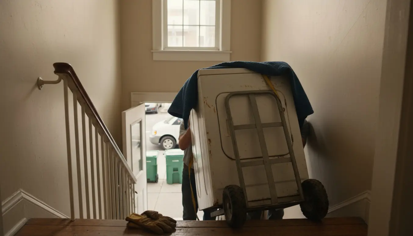 To personer guider en gammel vaskemaskine ned ad en trappe med dolly og beskyttelsestæpper, klar til afhentning.