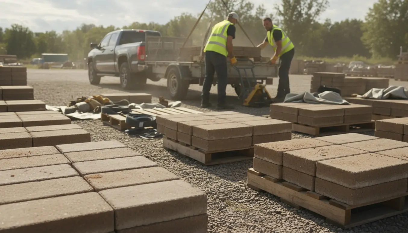 Stabler af betonfliser bliver lastet på en trailer ved en genbrugsplads, en arbejder set bagfra.