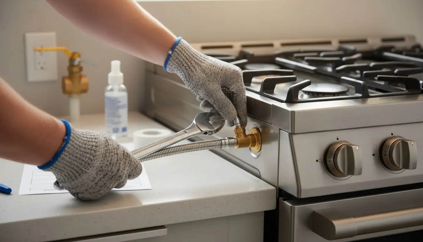 Nærbillede af hænder, der tilslutter en fleksibel gas-slange til bagsiden af et moderne komfur i et lyst køkken.