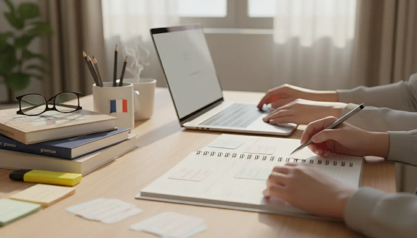 Et lyst studieområde med bøger, notesbog og hænder, der arbejder med franskopgaver i blødt dagslys.