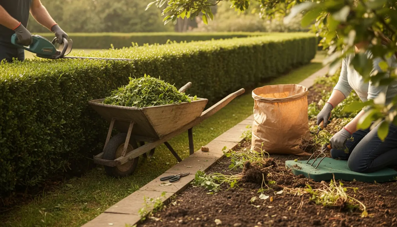 Person set bagfra klipper en lang hæk og luger et bed med haveredskaber på en solrig dag.