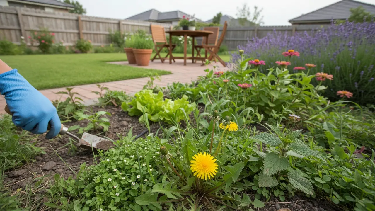 Havebed med ønskede planter og synligt ukrudt som mælkebøtte og brændenælde
