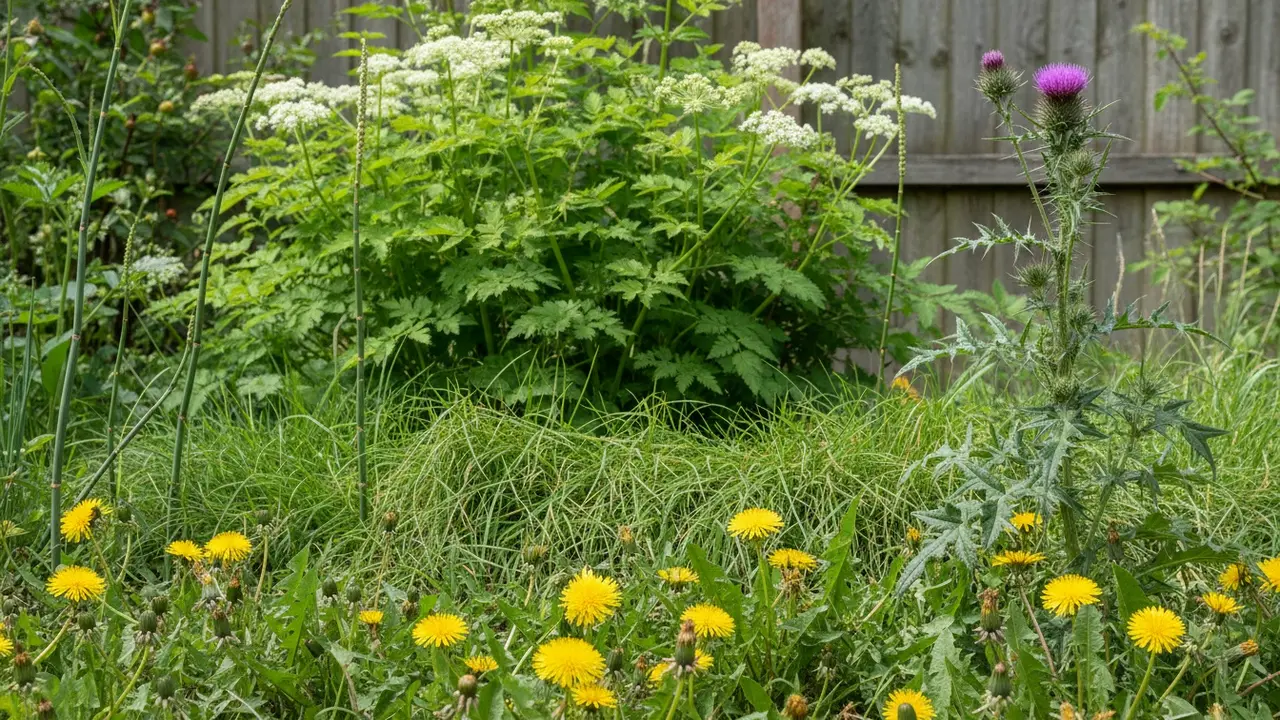 Flere ukrudtsarter i en hæk- og bedkant: mælkebøtte, tidsel, kvik og skvalderkål