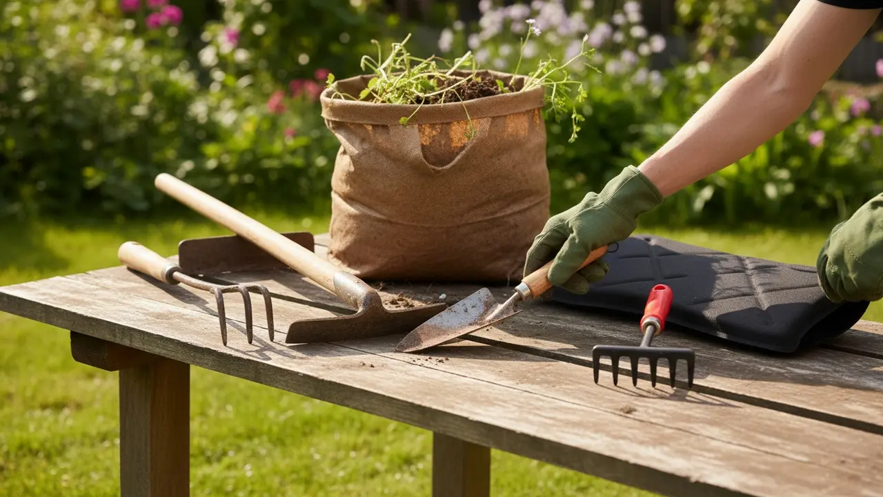 Udvalg af redskaber til lugning: lugejern, hakke, rive, handsker og pose med ukrudt