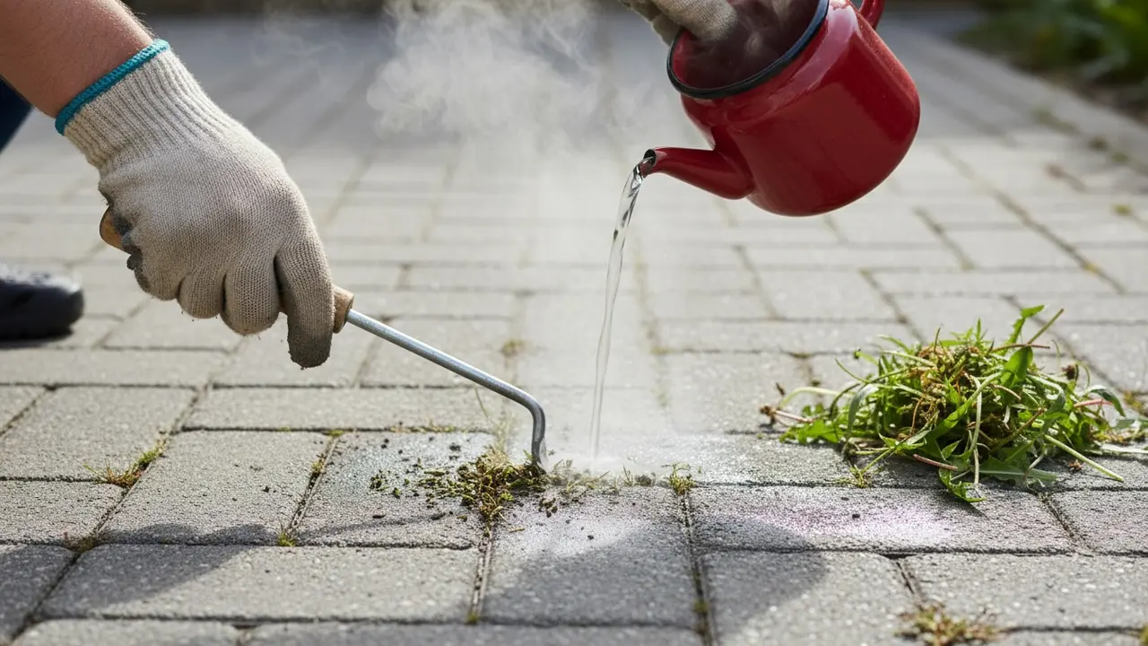 Hænder med handsker bruger fugeskraber ved fliser og hælder kogende vand på ukrudt