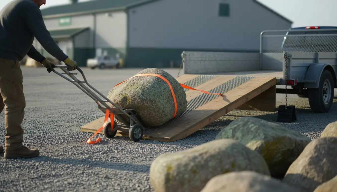 Tunge natursten læsses med sækkevogn og rampe til en trailer på en indkørsel med fri plads omkring.